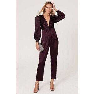 Ieena for Mac Duggal Jumpsuit Womens 6 Purple Plum Satin V Neck Ruched Waist